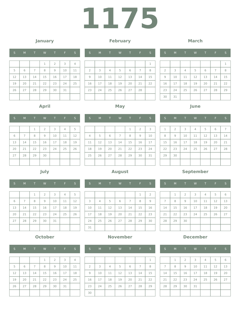 Printable 1175 Year Calendars xanadu
