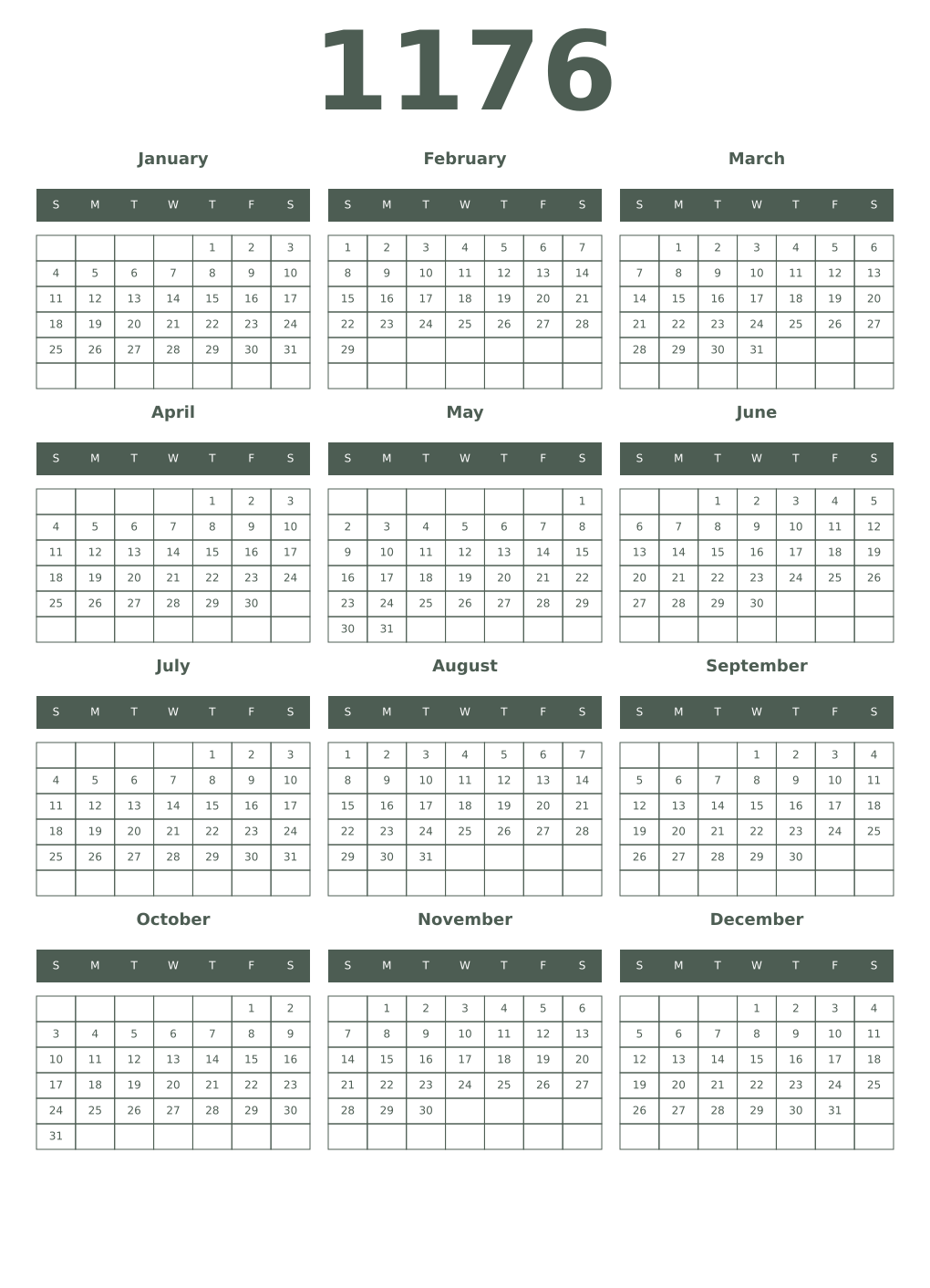 Printable 1176 Year Calendars feldgrau