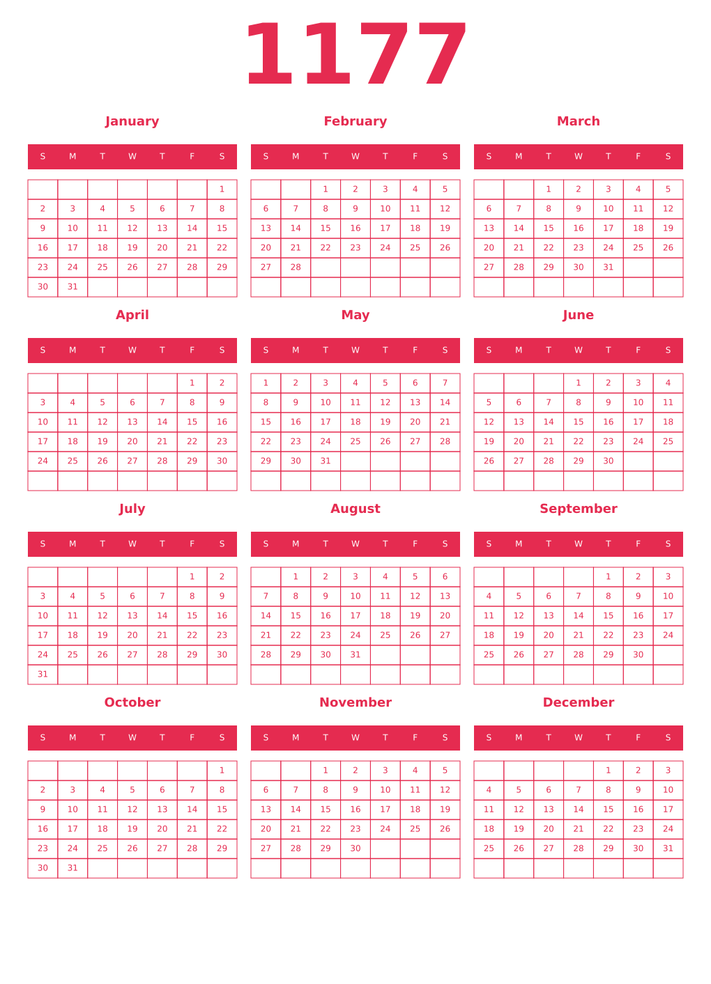 Printable 1177 Year Calendars amaranth