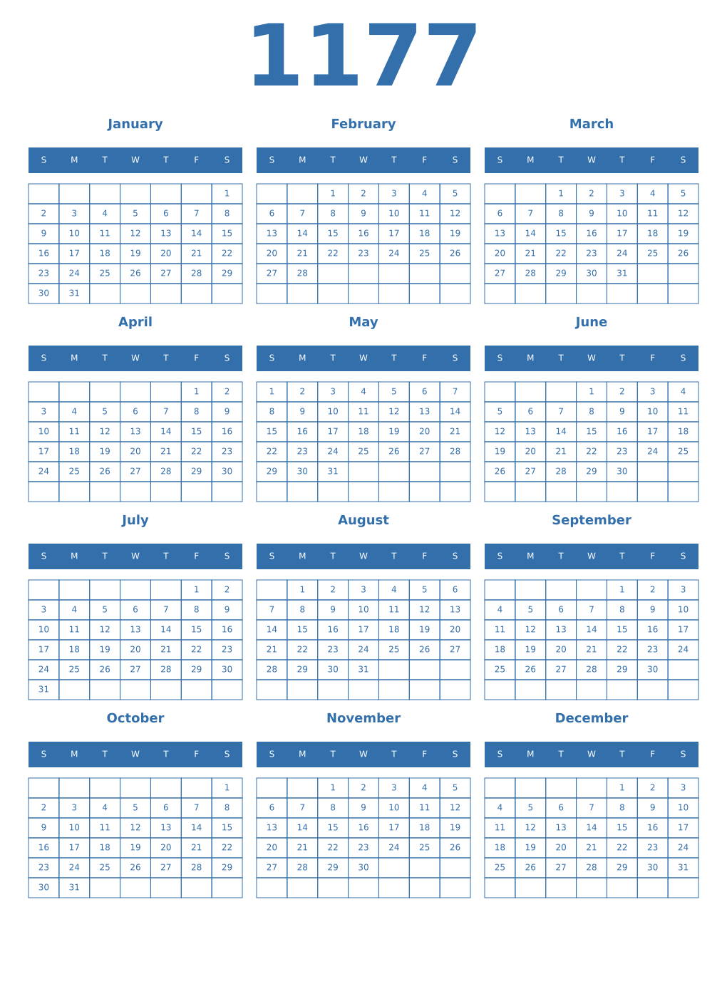 Printable 1177 Year Calendars blue