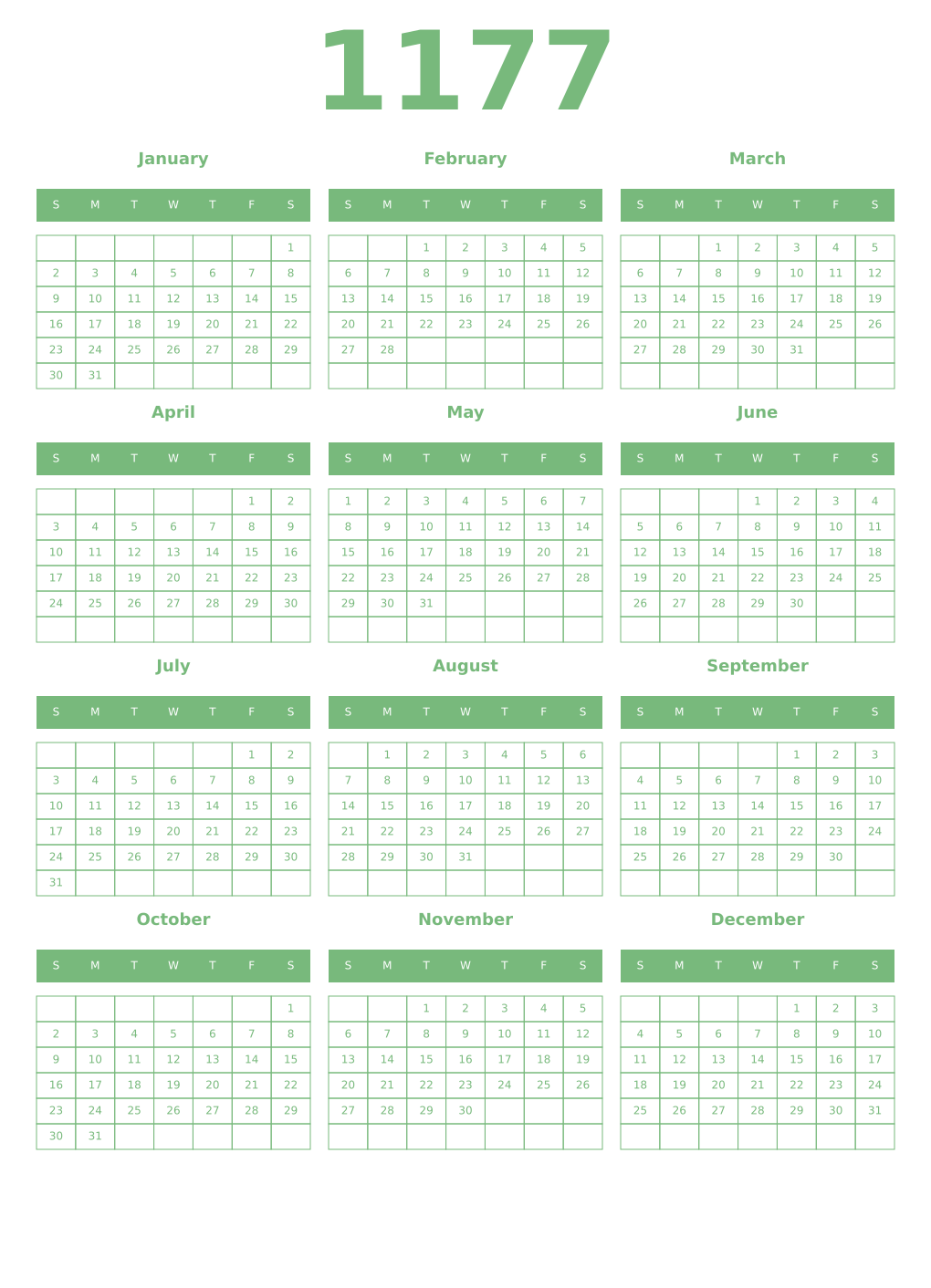 Printable 1177 Year Calendars celadon