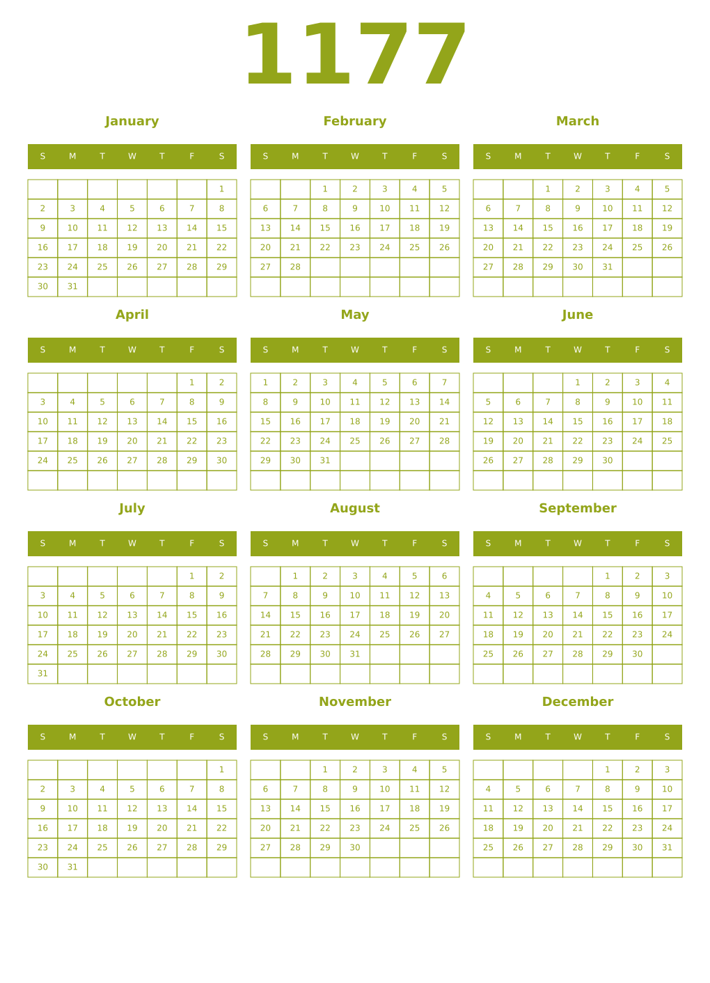 Printable 1177 Year Calendars chartreuse