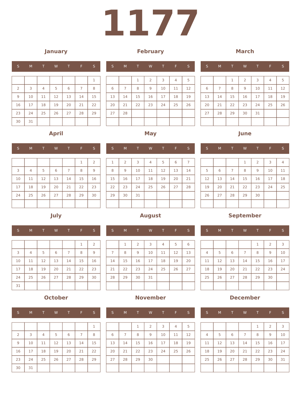 Printable 1177 Year Calendars coffe