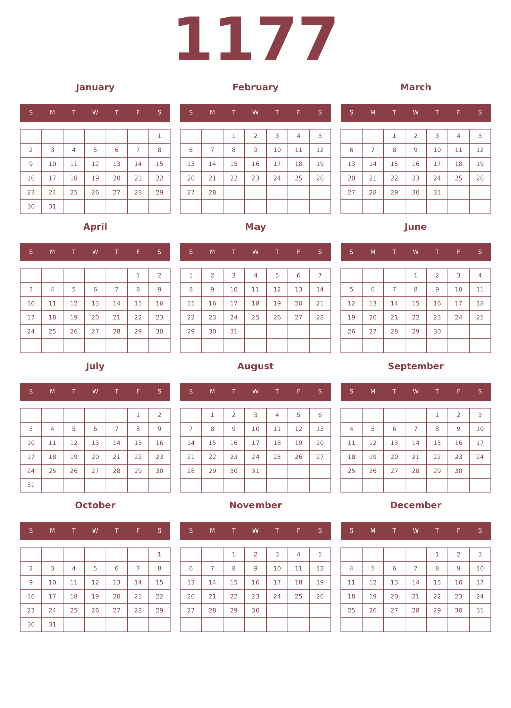 Printable 1177 Year Calendars cordovan