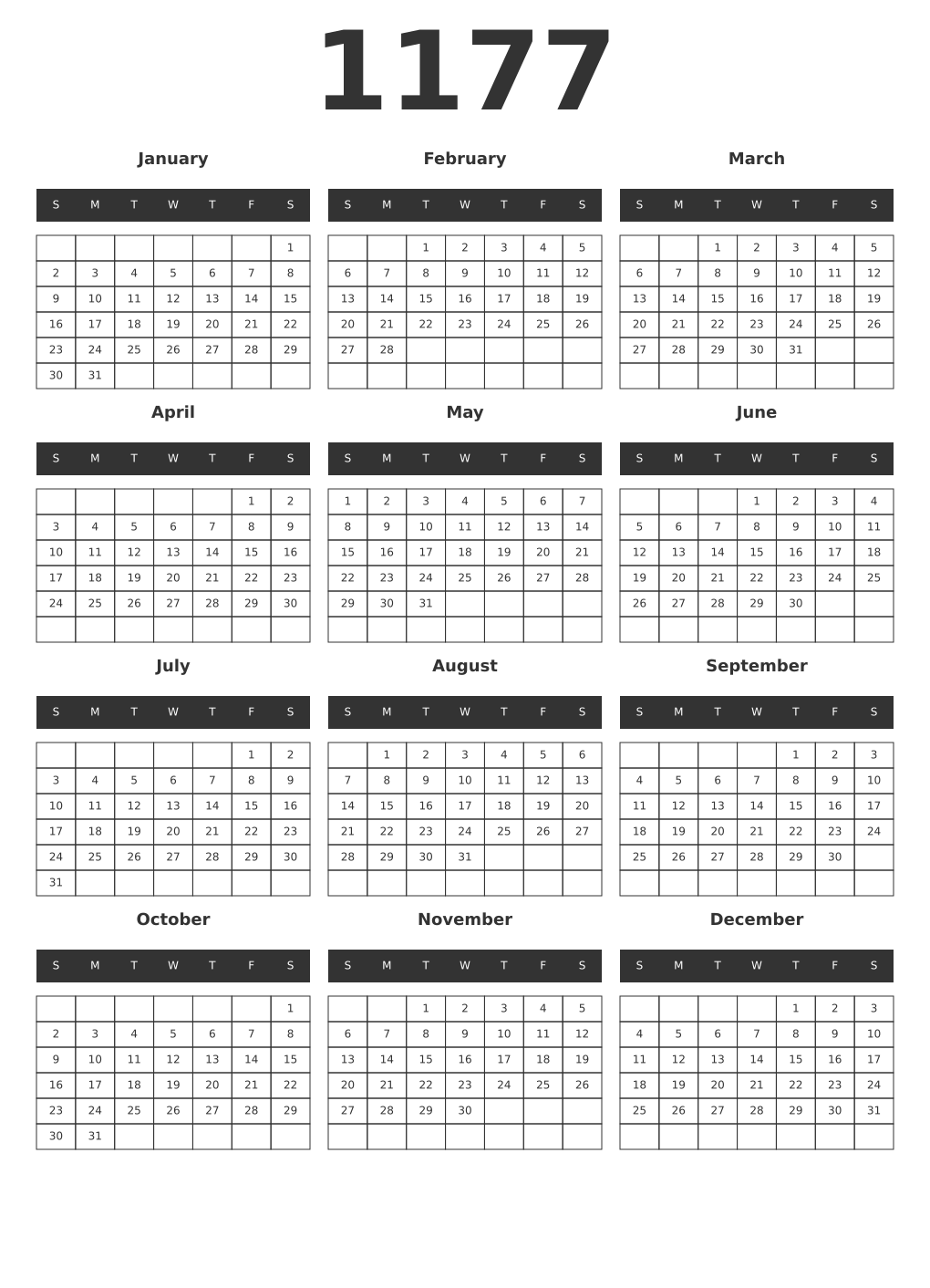 Printable 1177 Year Calendars dark
