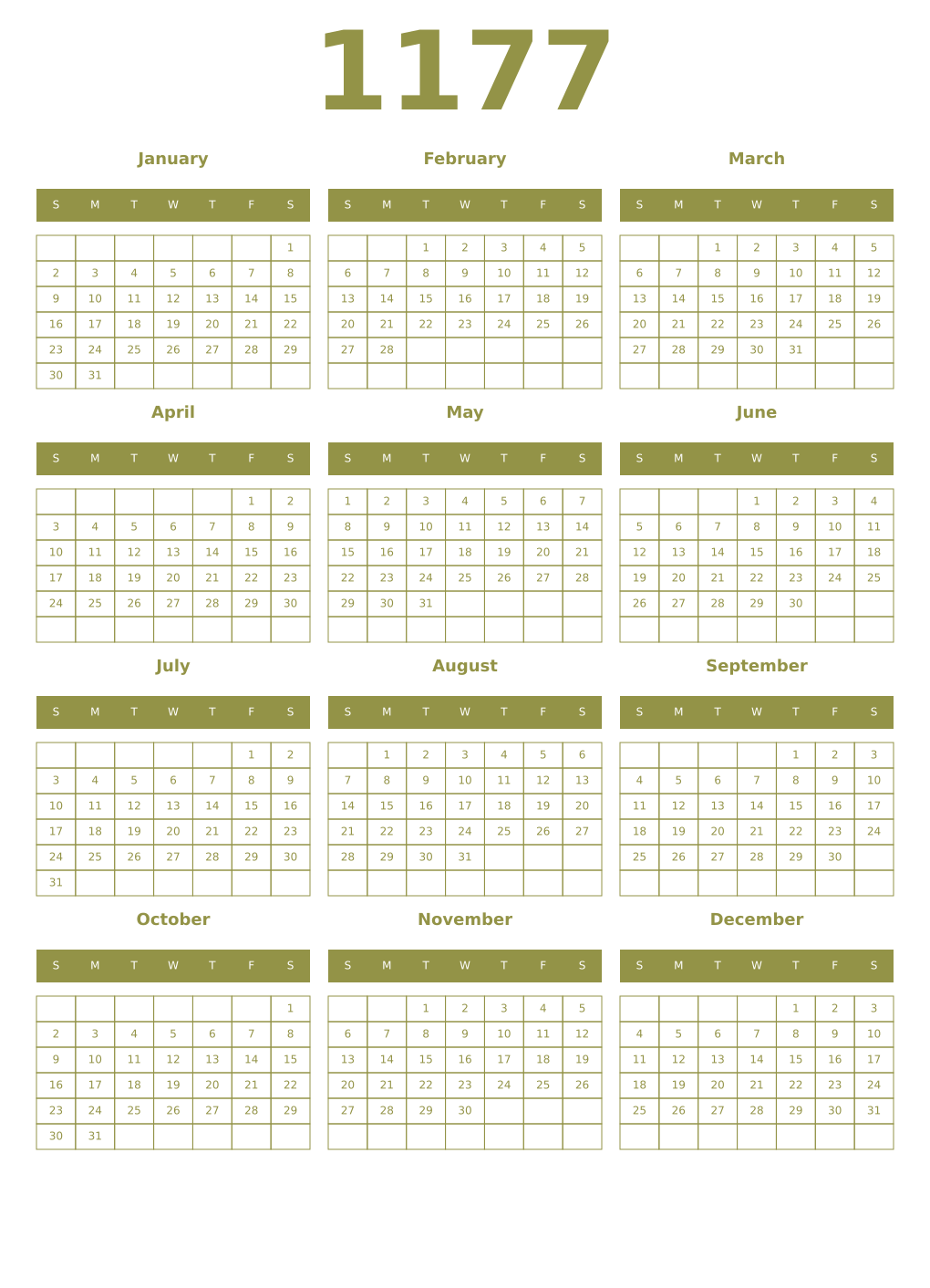 Printable 1177 Year Calendars eburnean
