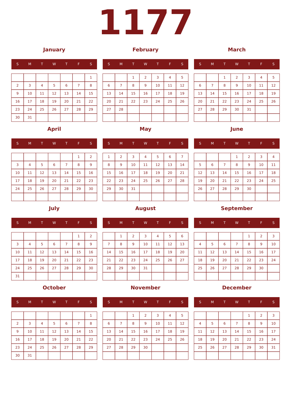 Printable 1177 Year Calendars falu