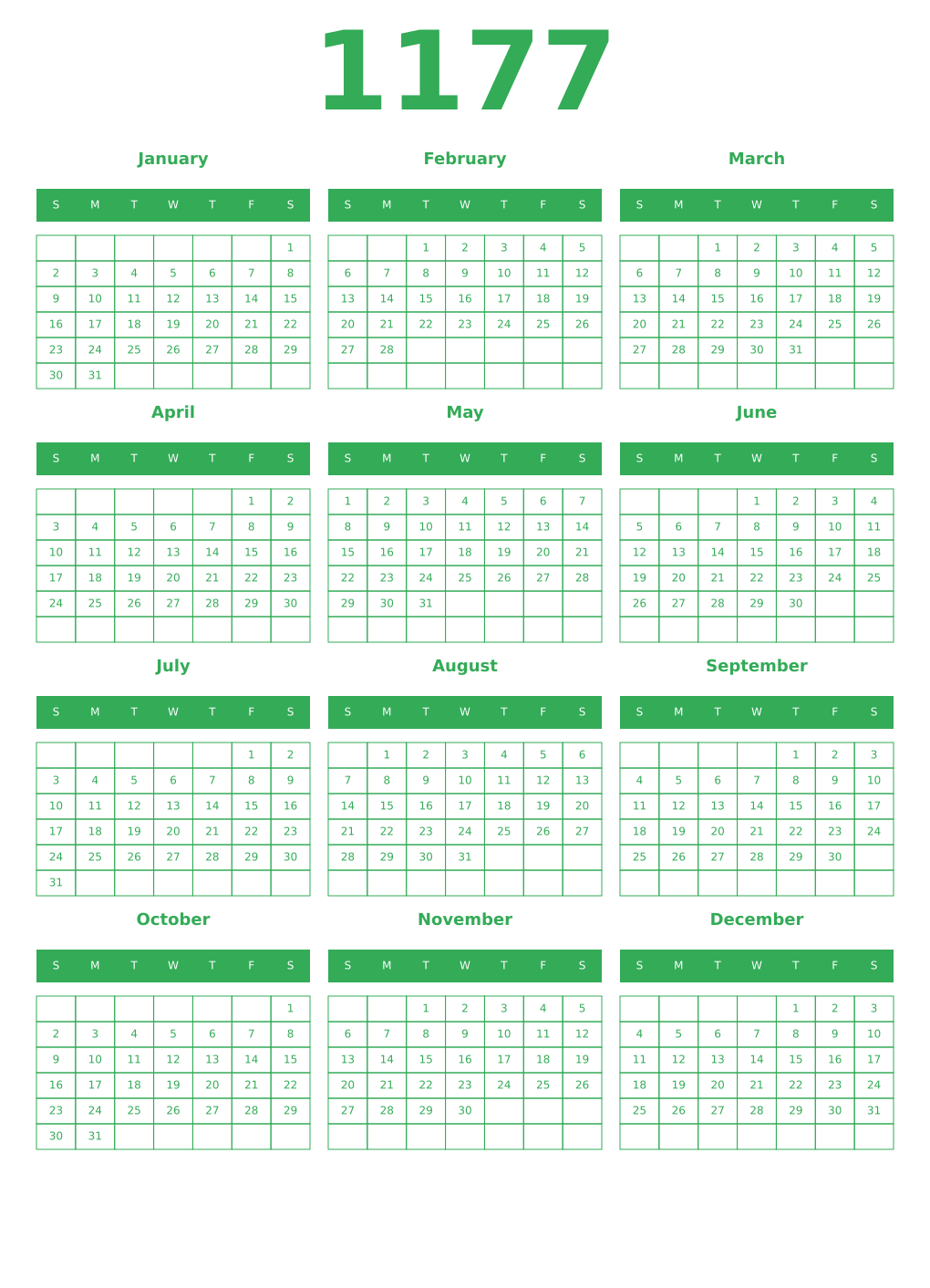 Printable 1177 Year Calendars green