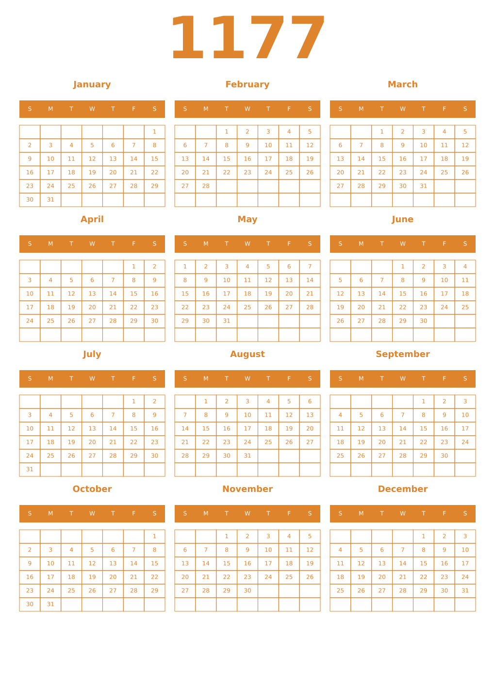 Printable 1177 Year Calendars orange