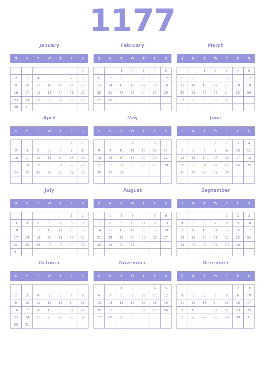 Printable 1177 Year Calendars periwinkle