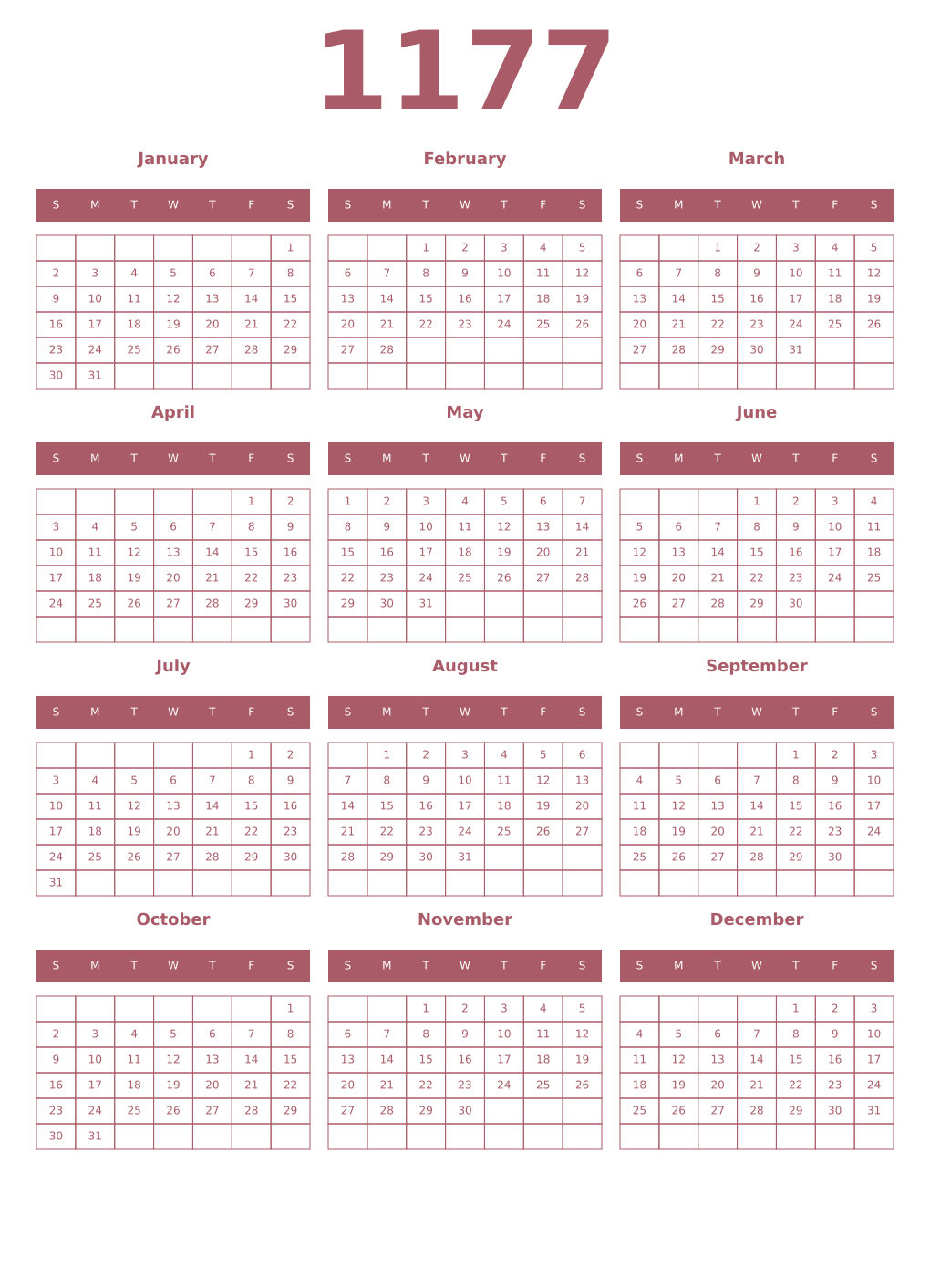 Printable 1177 Year Calendars puce