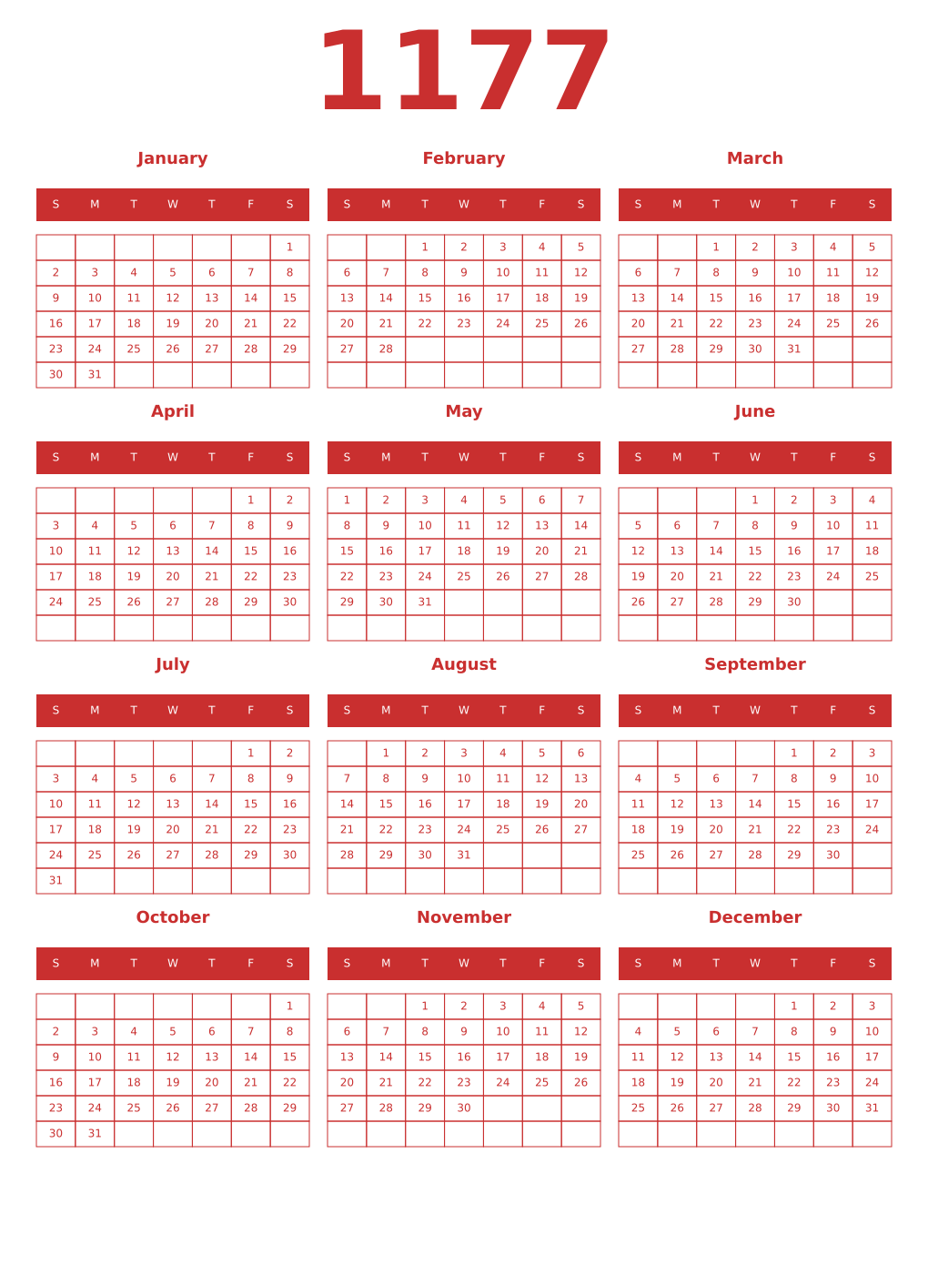 Printable 1177 Year Calendars red