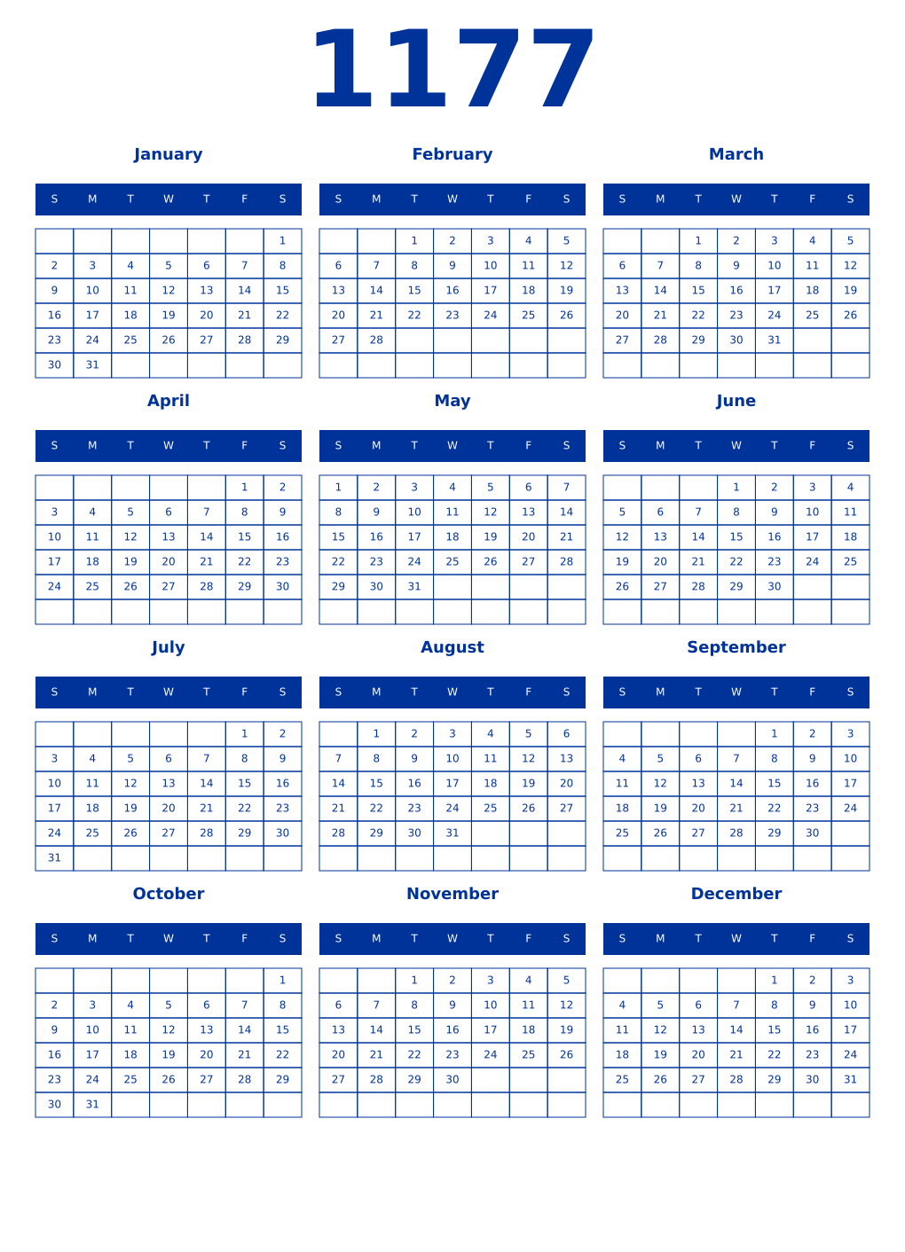 Printable 1177 Year Calendars smalt