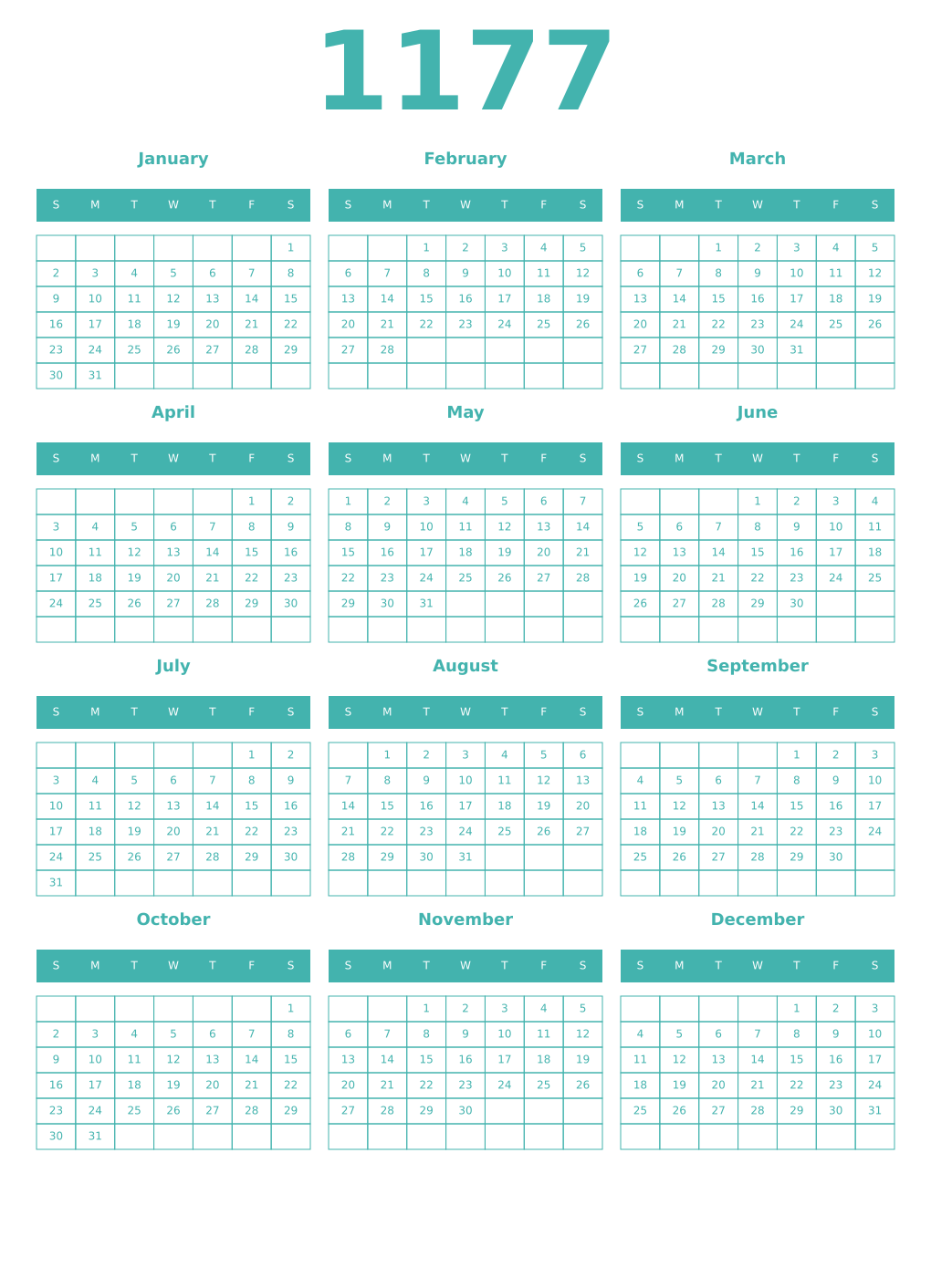 Printable 1177 Year Calendars verdigris