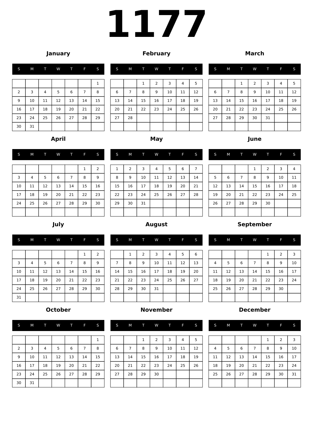 Printable 1177 Calendars