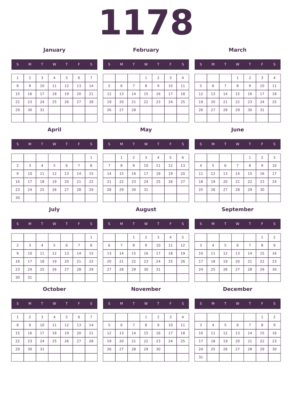Printable 1178 Year Calendars aubergine