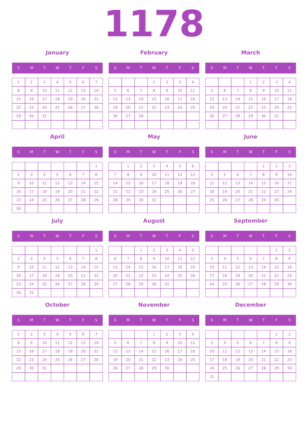 Printable 1178 Year Calendars purple