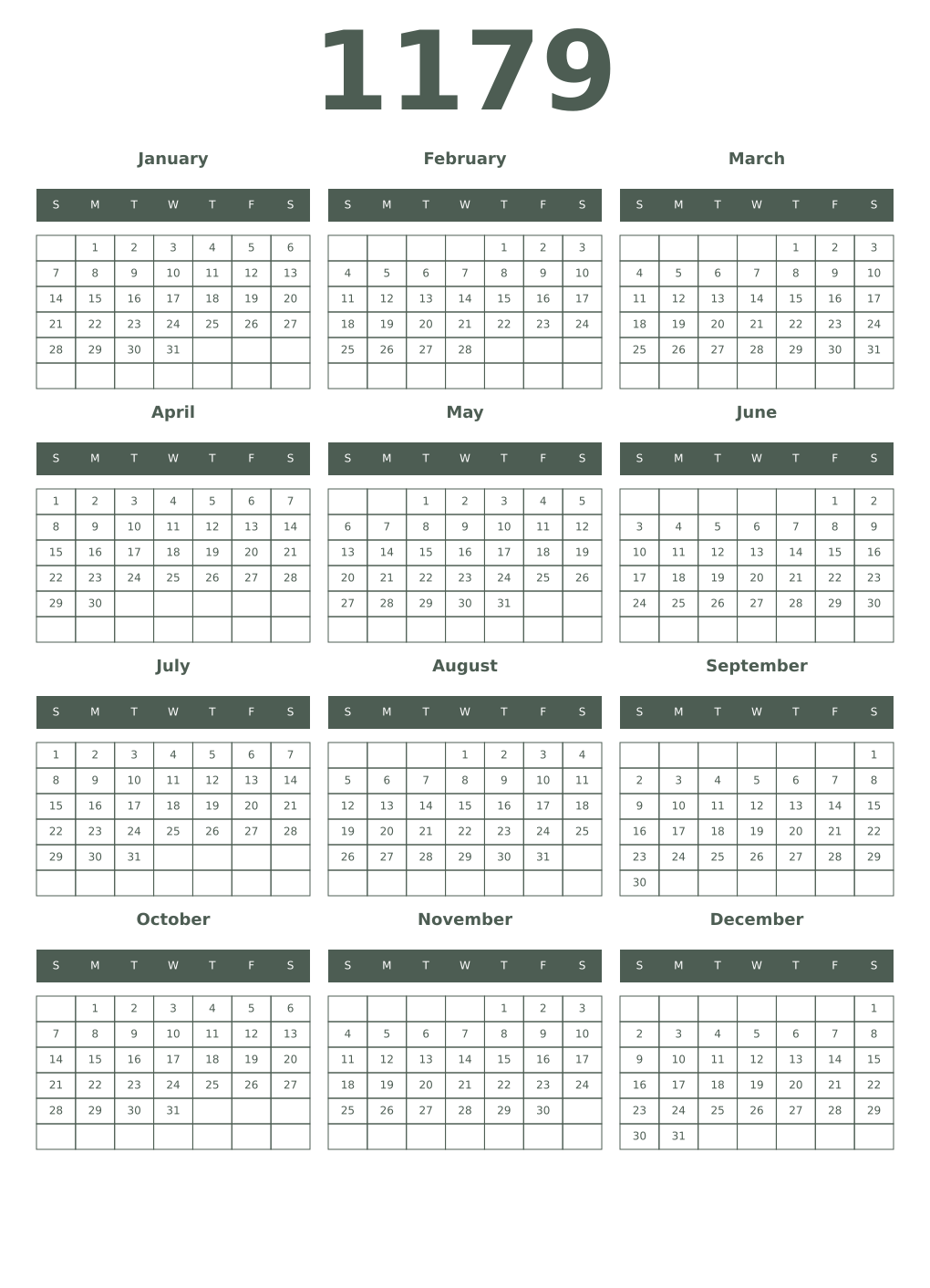Printable 1179 Year Calendars feldgrau