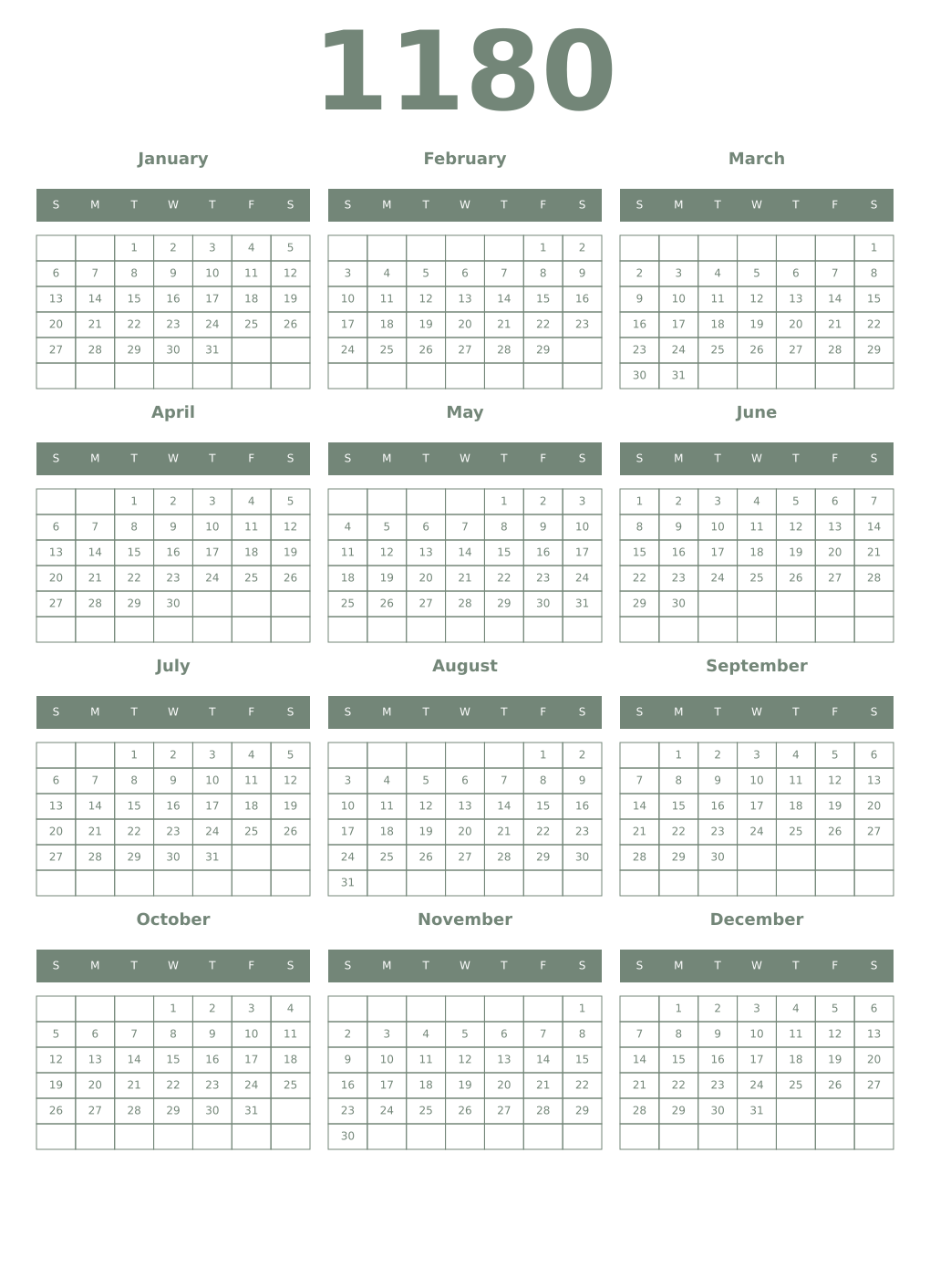 Printable 1180 Year Calendars xanadu