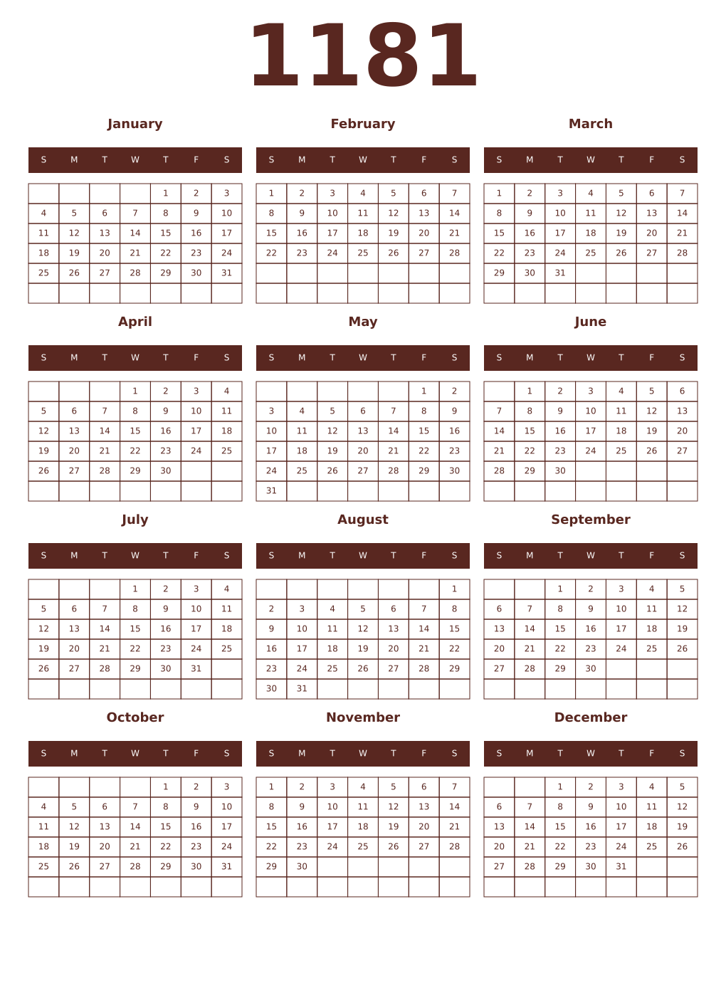 Printable 1181 Year Calendars mortuum