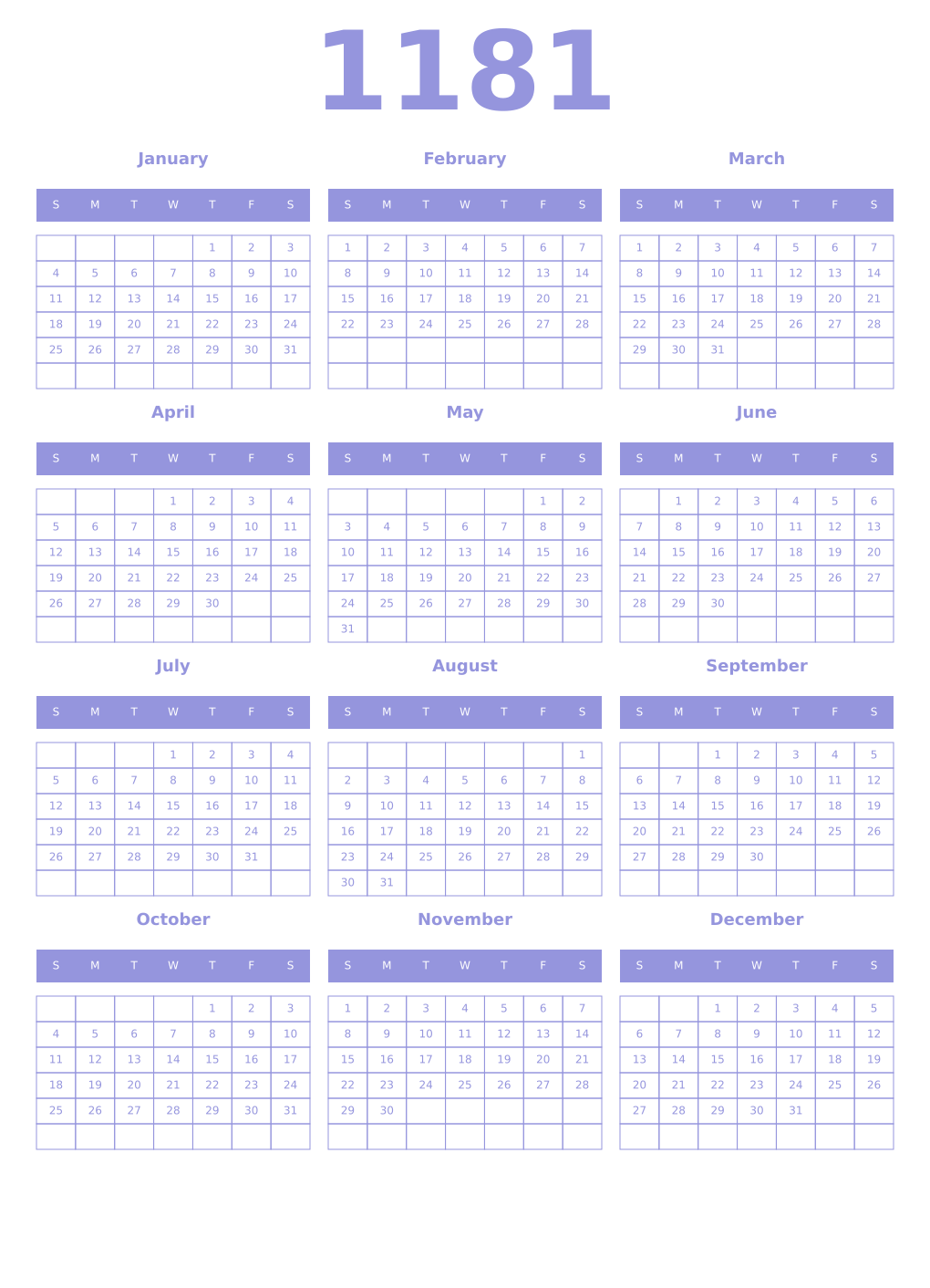 Printable 1181 Year Calendars periwinkle