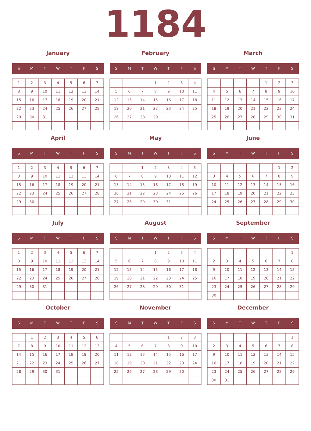 Printable 1184 Year Calendars cordovan