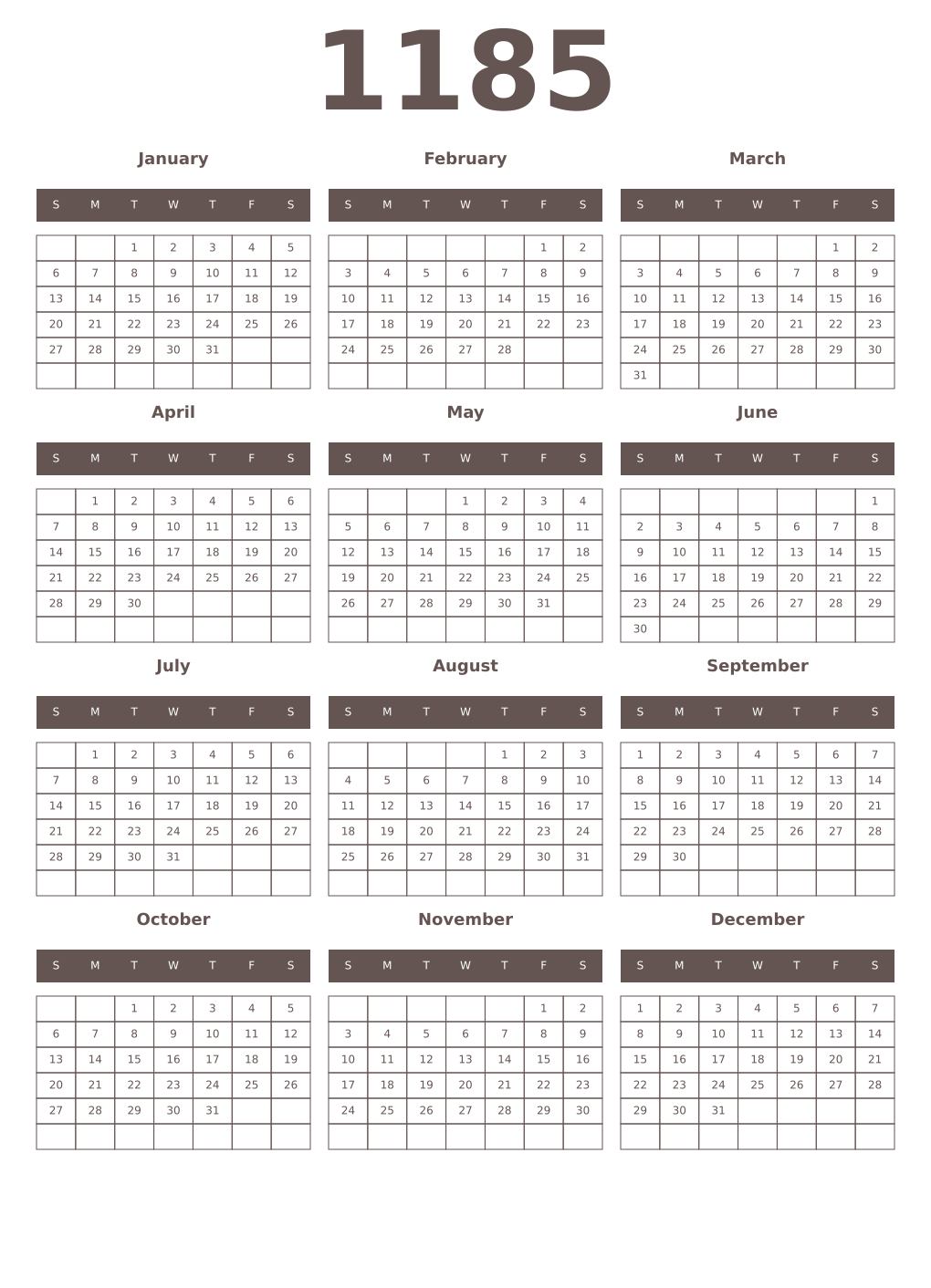 Printable 1185 Year Calendars wenge