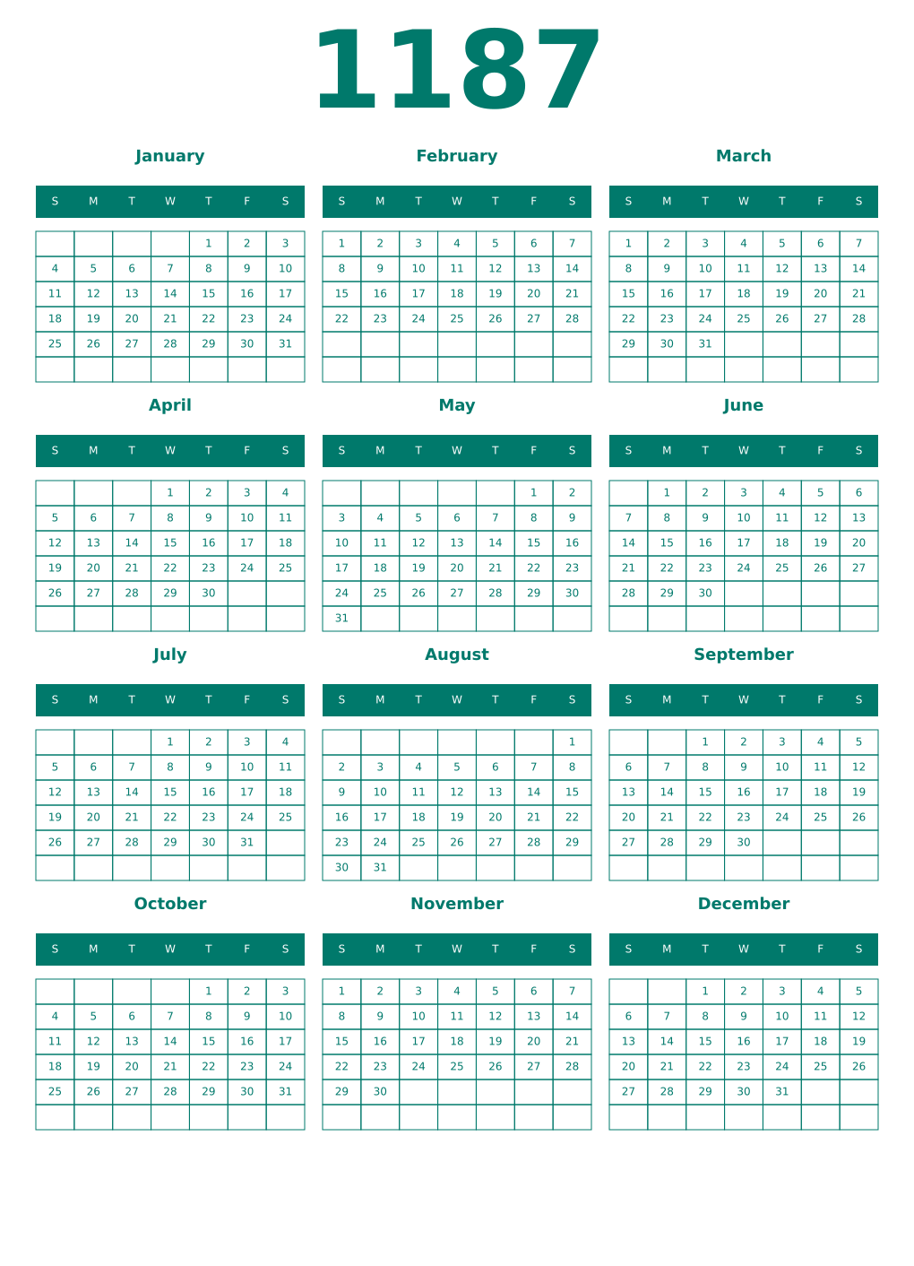 Printable 1187 Year Calendars pastel