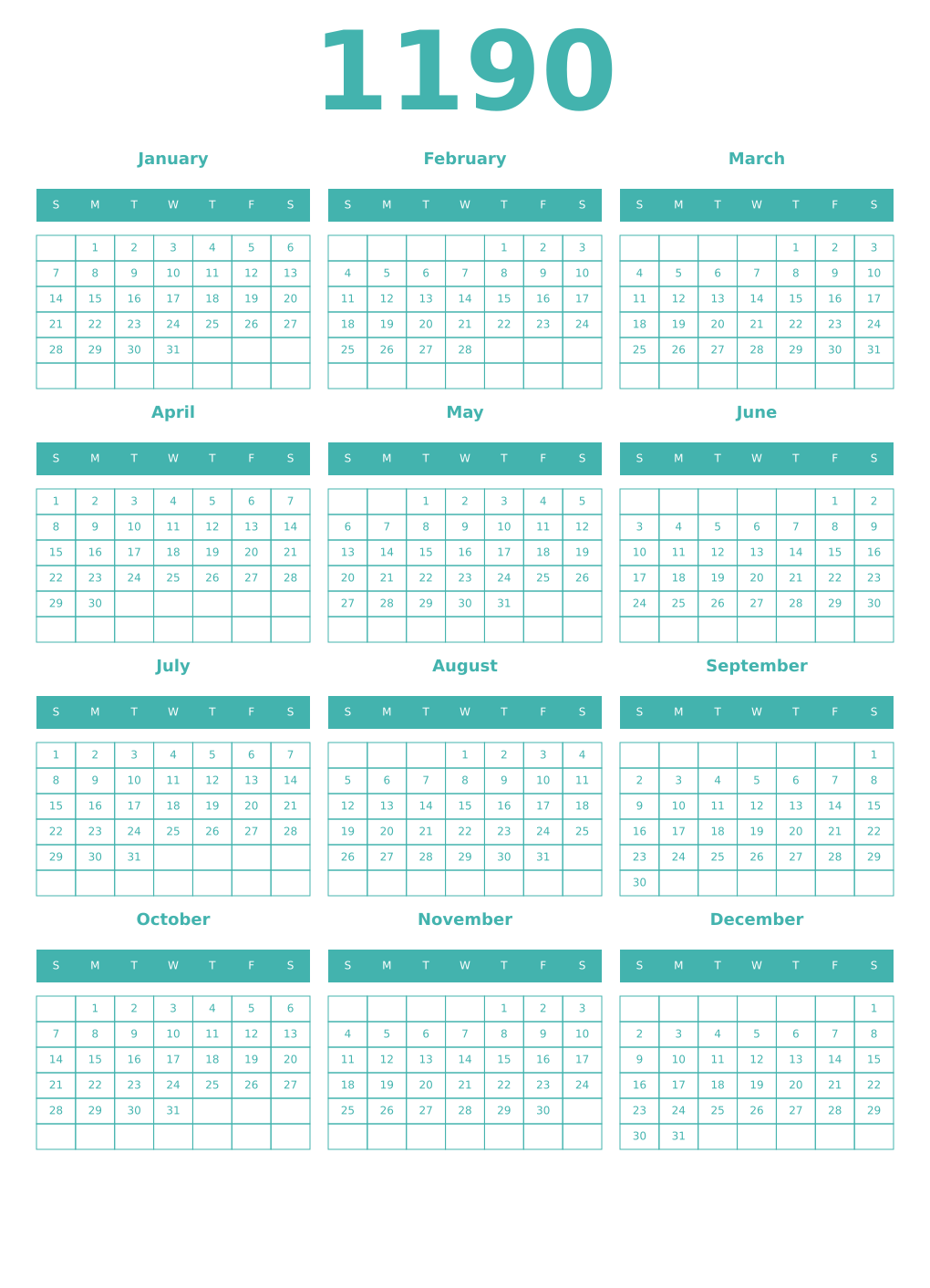 Printable 1190 Year Calendars verdigris