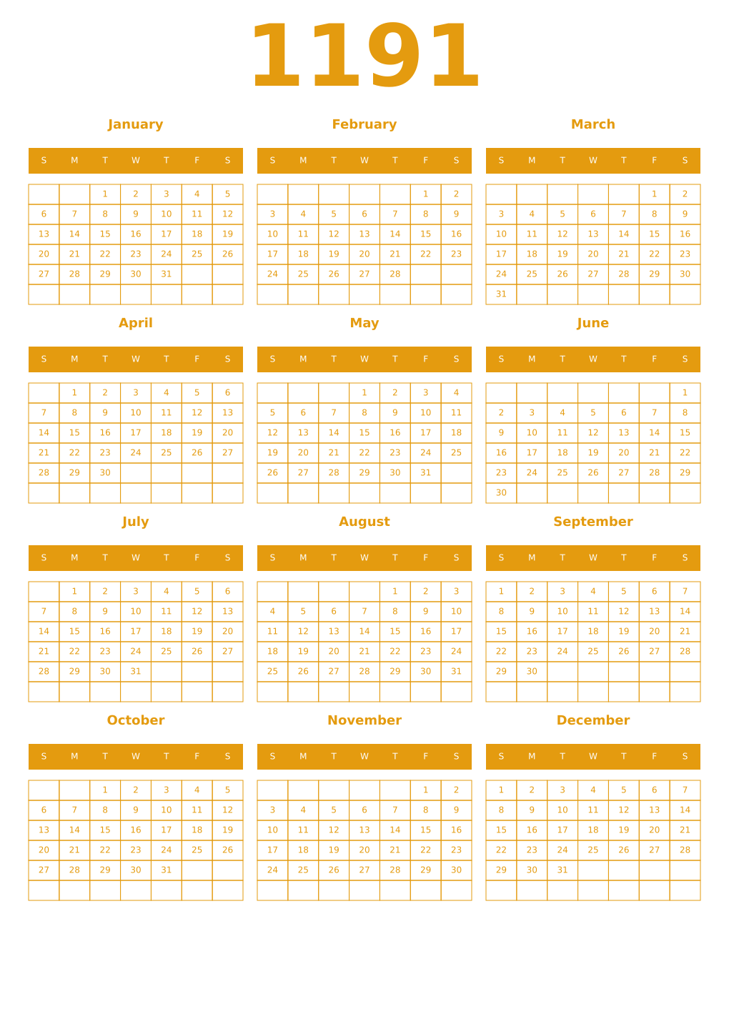 Printable 1191 Year Calendars gamboge