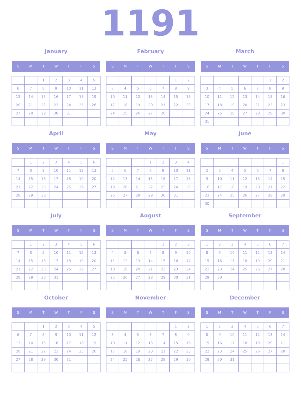 Printable 1191 Year Calendars periwinkle
