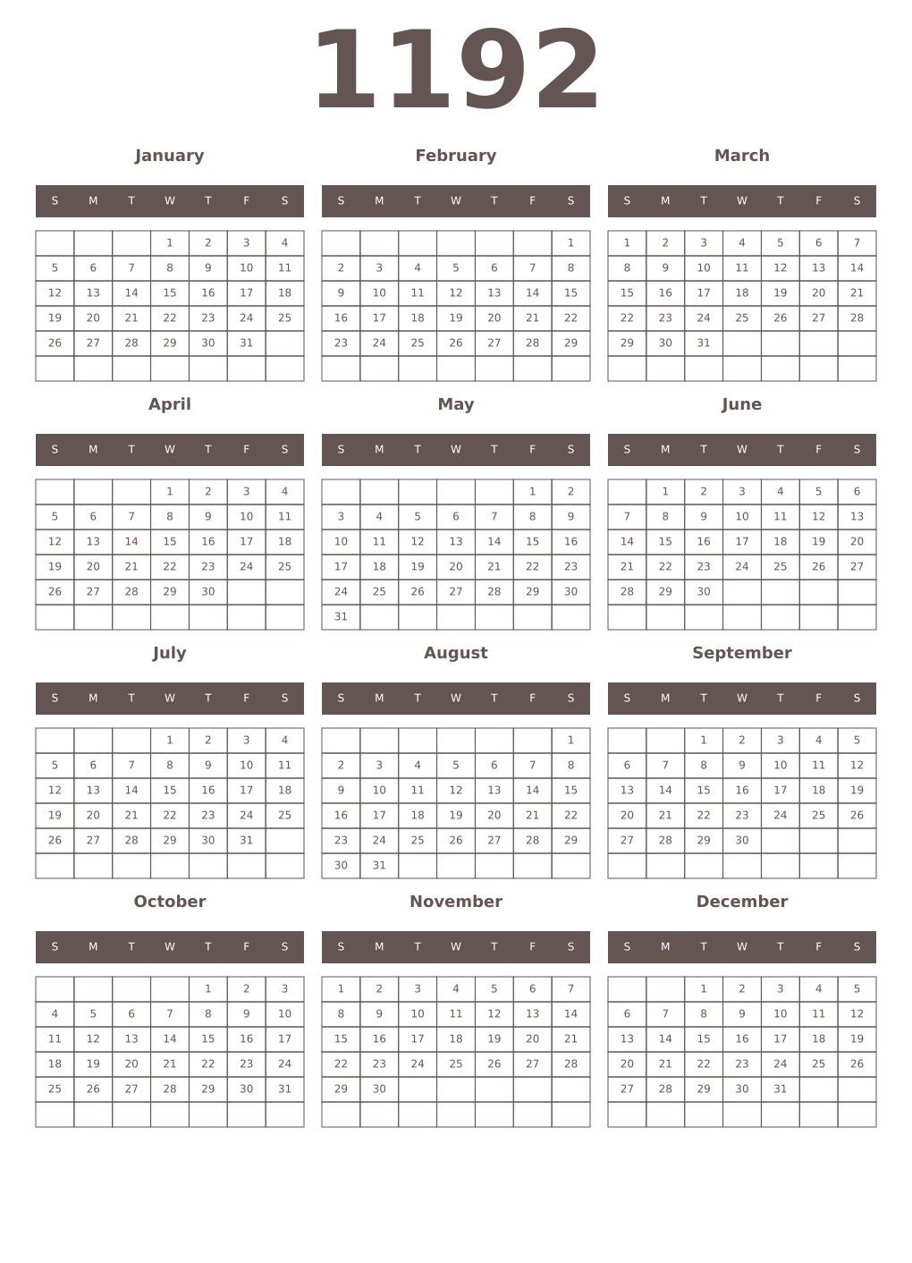 Printable 1192 Year Calendars wenge