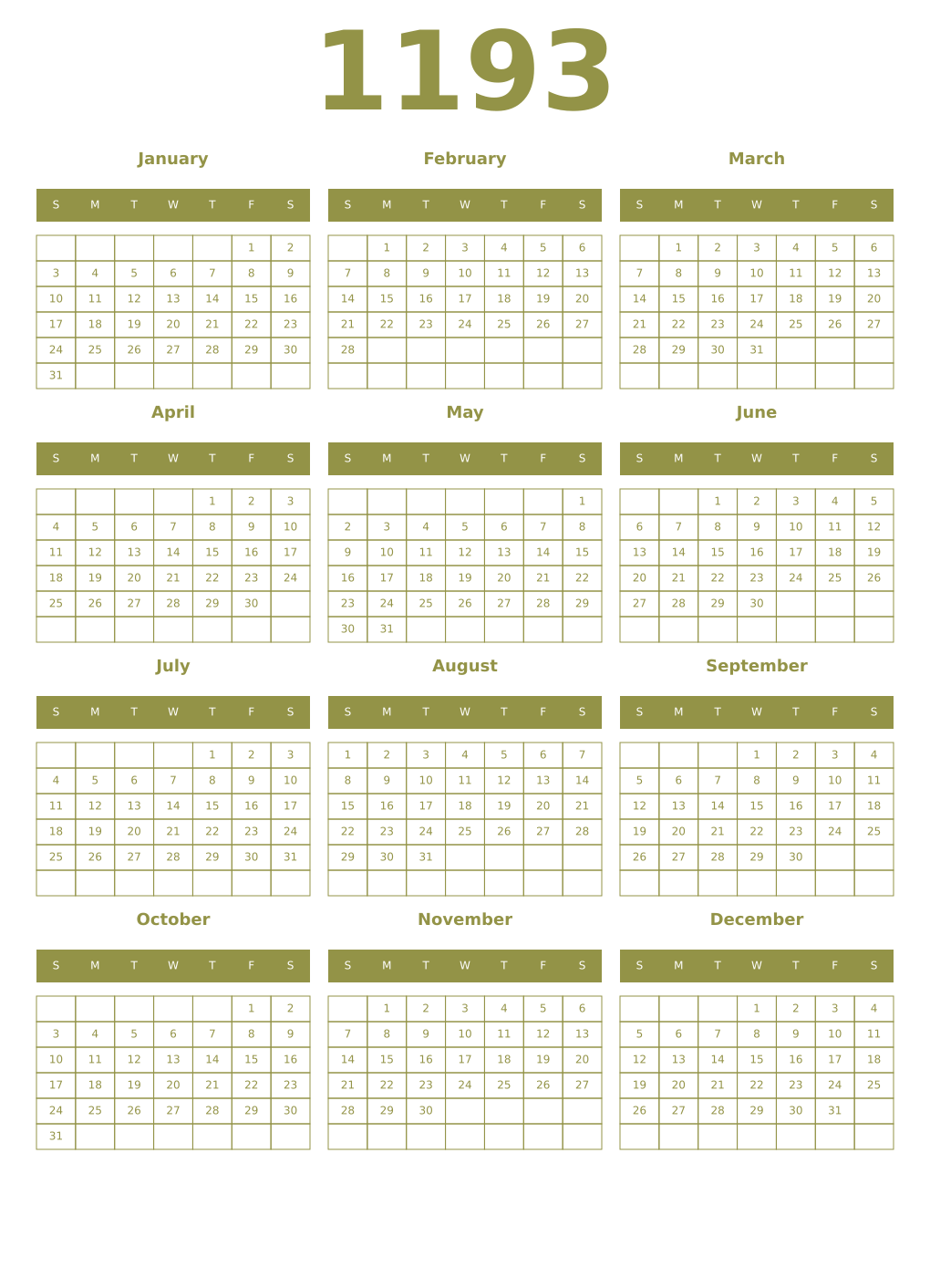 Printable 1193 Year Calendars eburnean