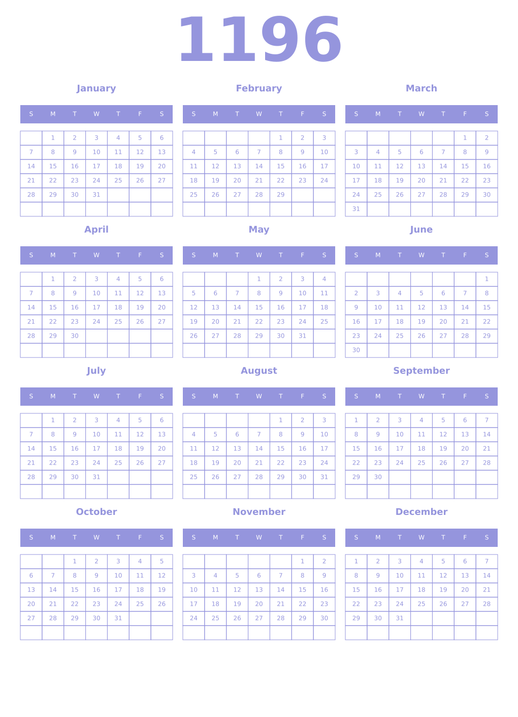 Printable 1196 Year Calendars periwinkle