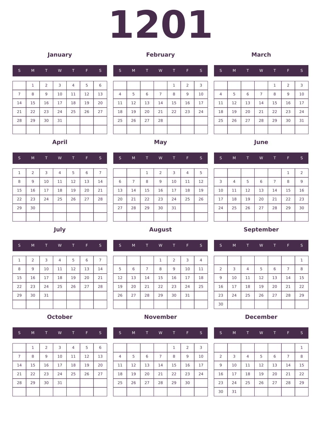 Printable 1201 Year Calendars aubergine