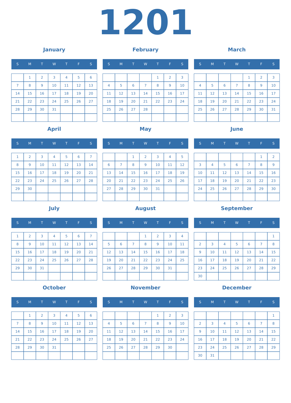 Printable 1201 Year Calendars blue