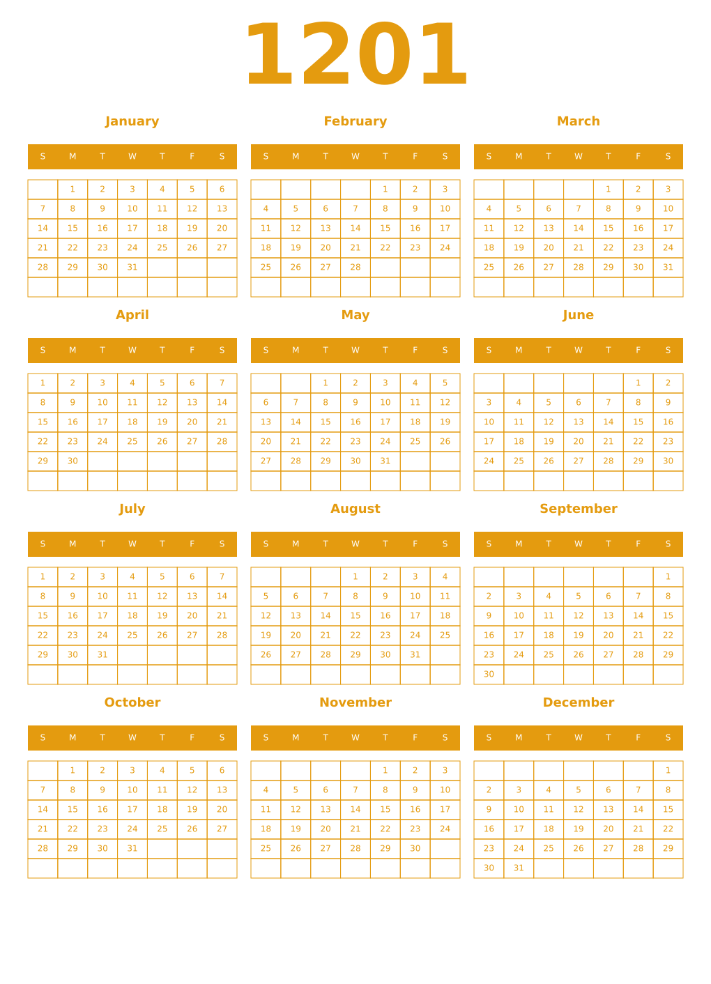 Printable 1201 Year Calendars gamboge