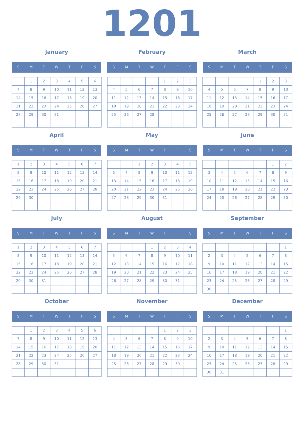 Printable 1201 Year Calendars glaucous