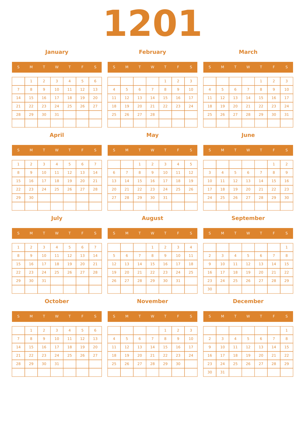 Printable 1201 Year Calendars orange