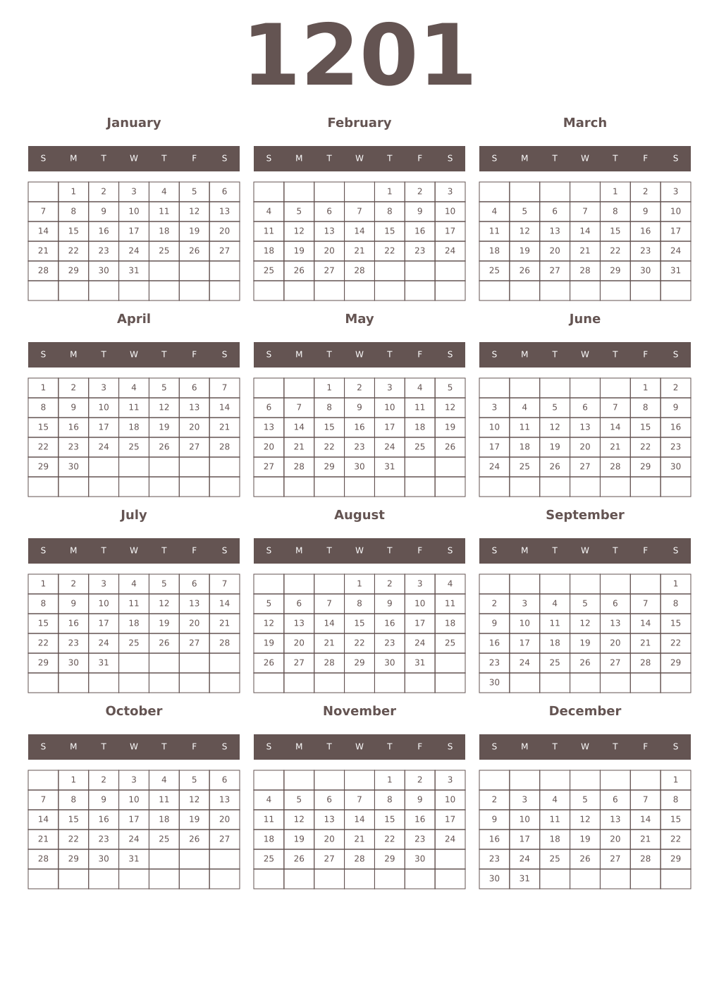 Printable 1201 Year Calendars wenge