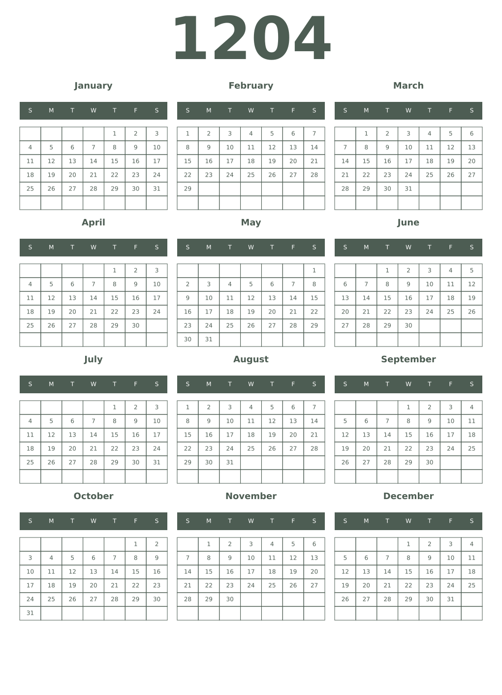 Printable 1204 Year Calendars feldgrau