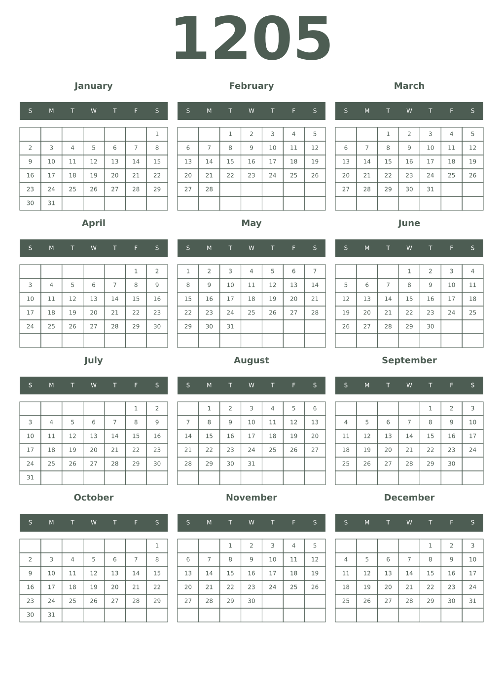 Printable 1205 Year Calendars feldgrau