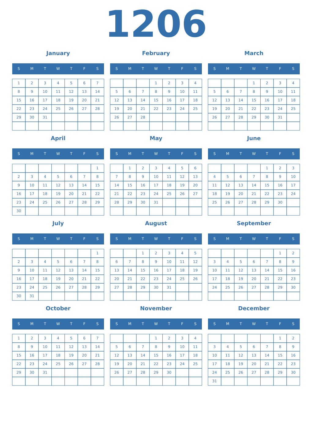 Printable 1206 Year Calendars blue