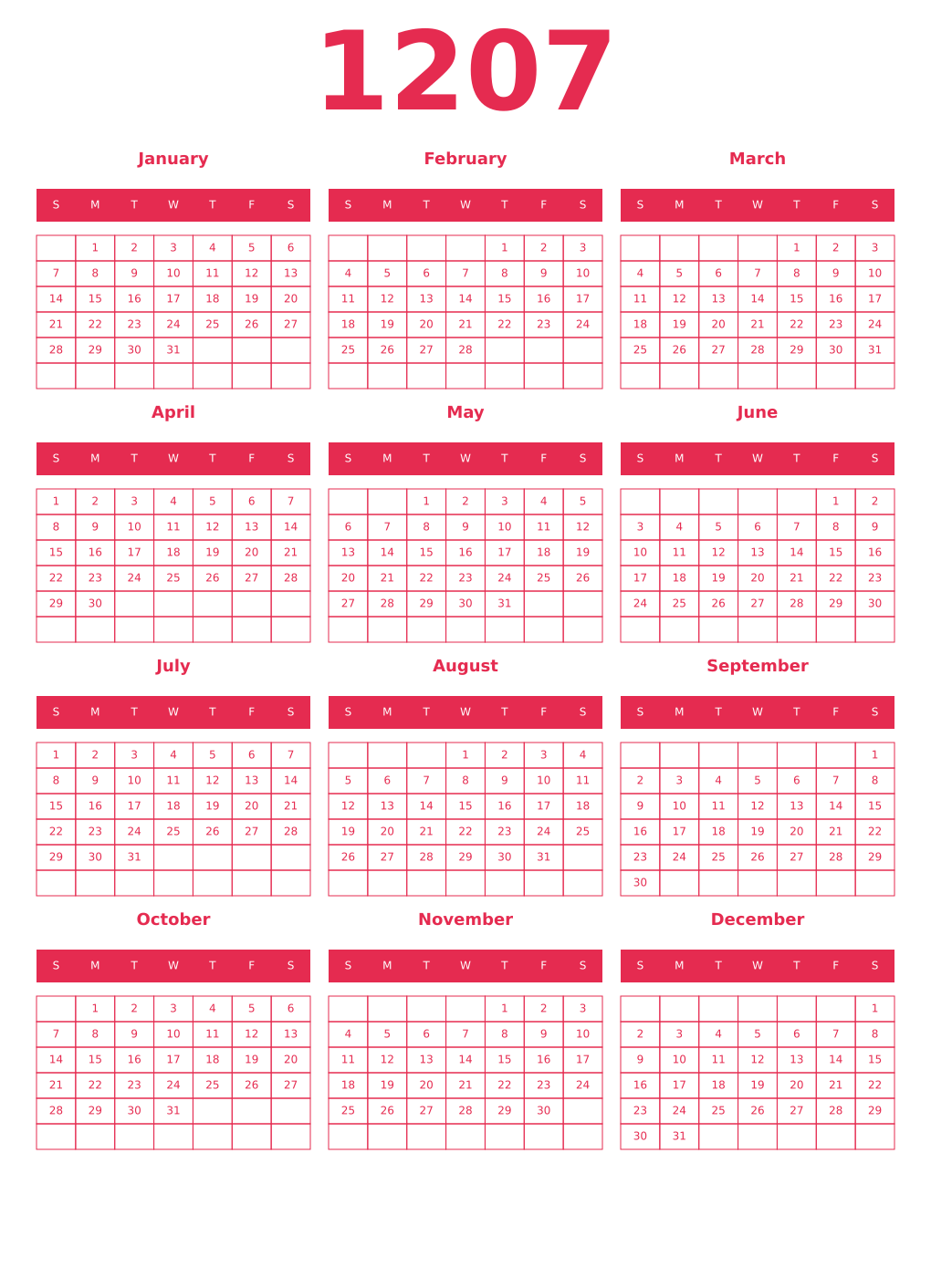 Printable 1207 Year Calendars amaranth