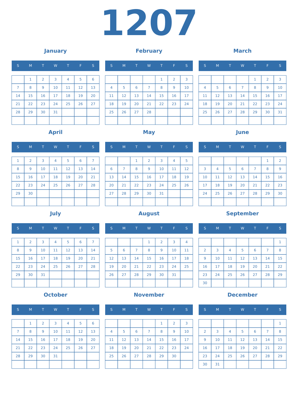 Printable 1207 Year Calendars blue