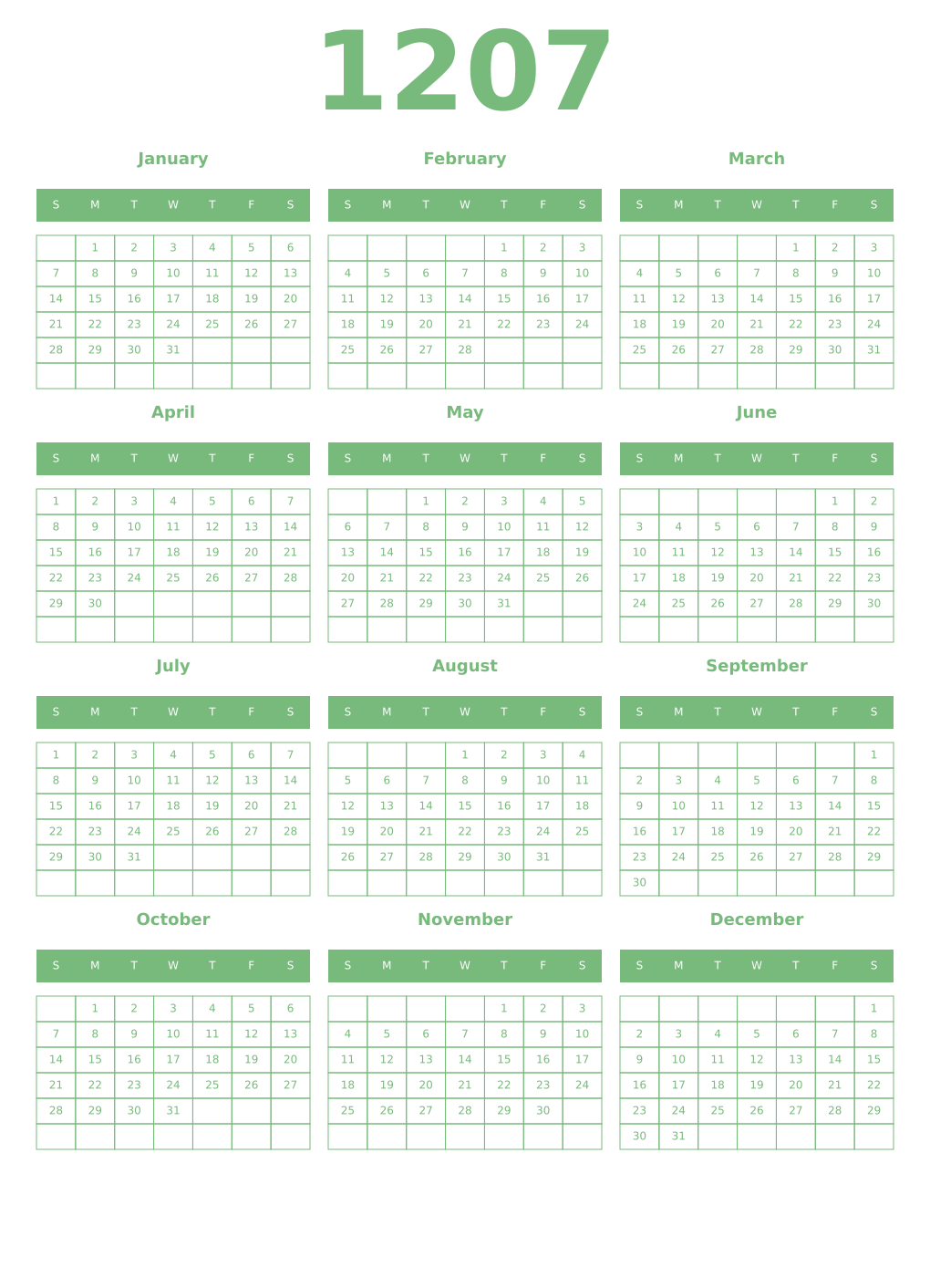 Printable 1207 Year Calendars celadon