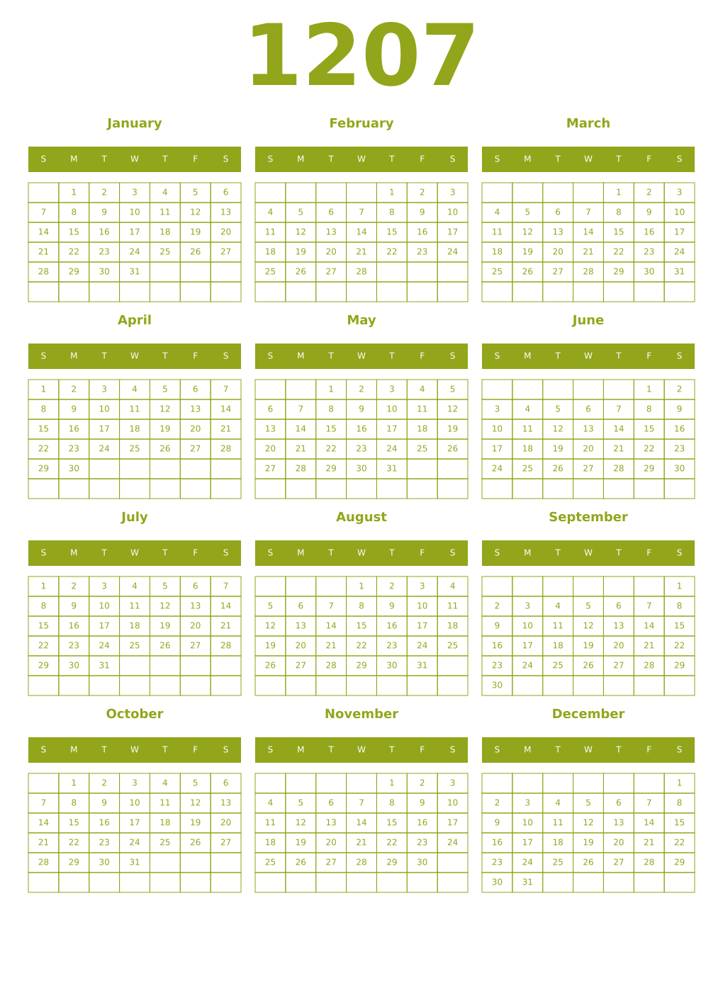 Printable 1207 Year Calendars chartreuse