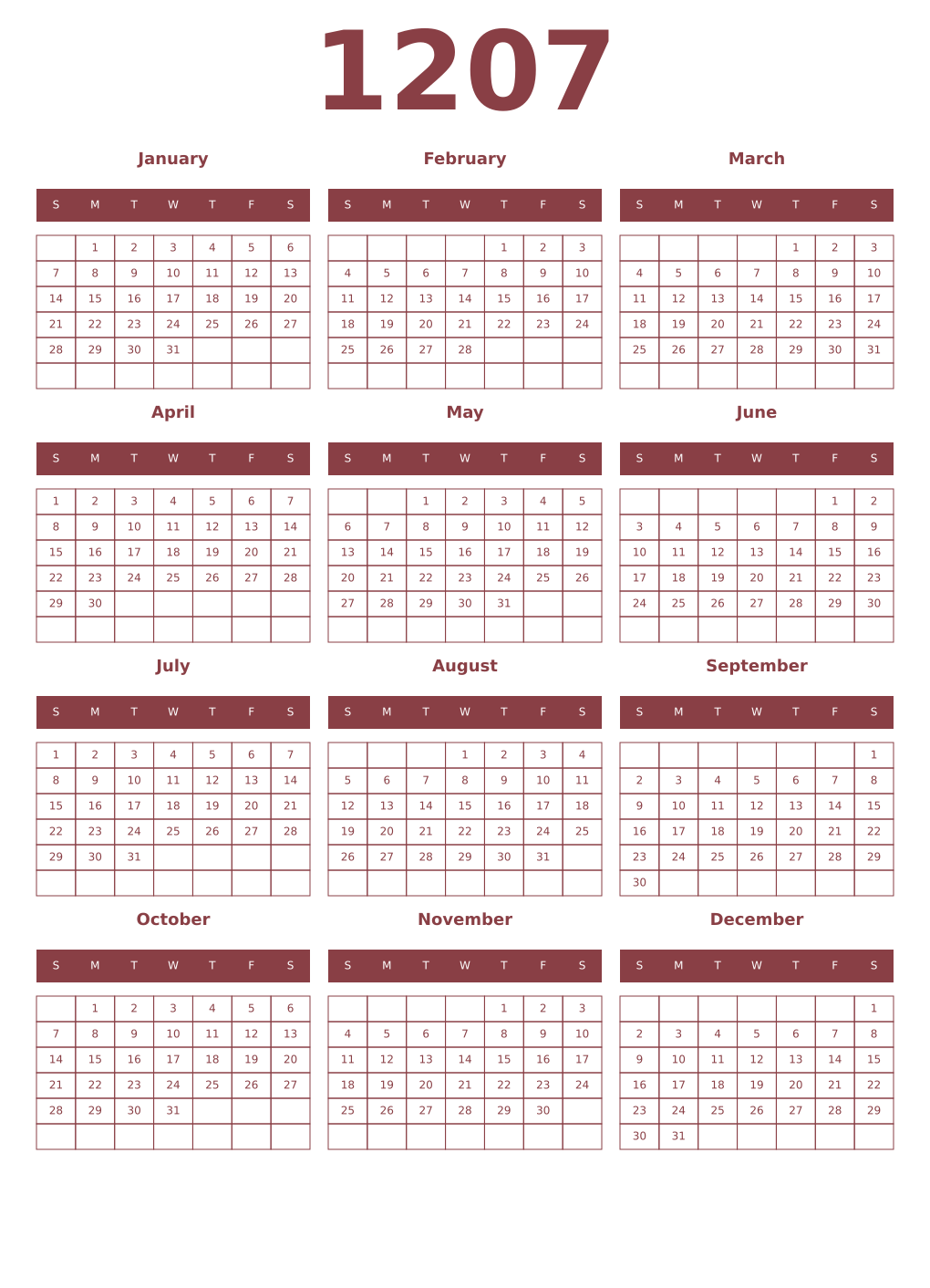 Printable 1207 Year Calendars cordovan