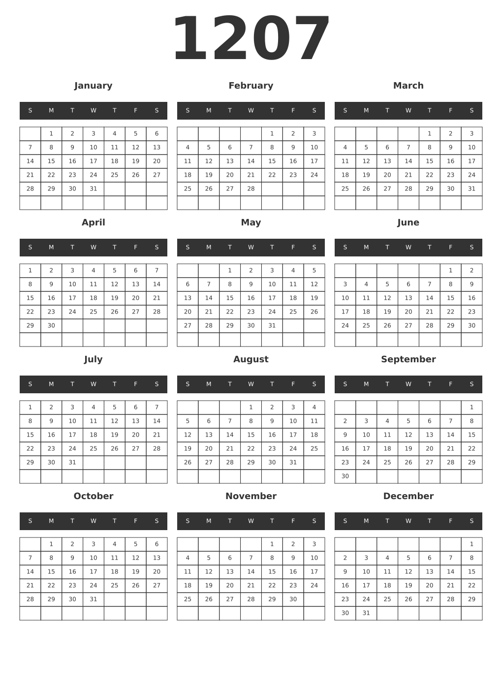 Printable 1207 Year Calendars dark