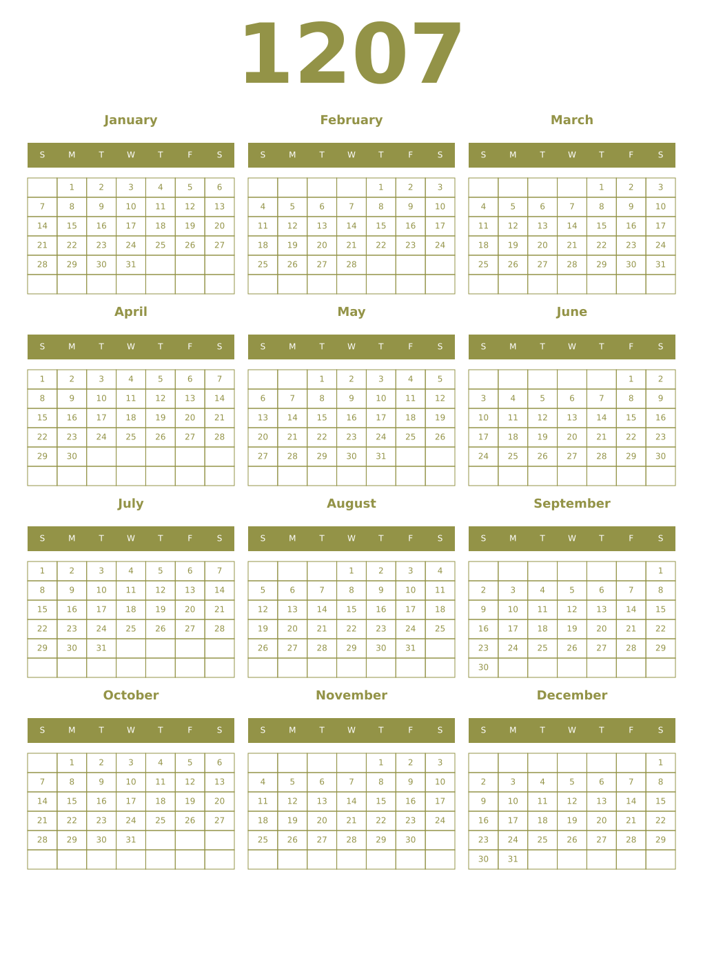 Printable 1207 Year Calendars eburnean
